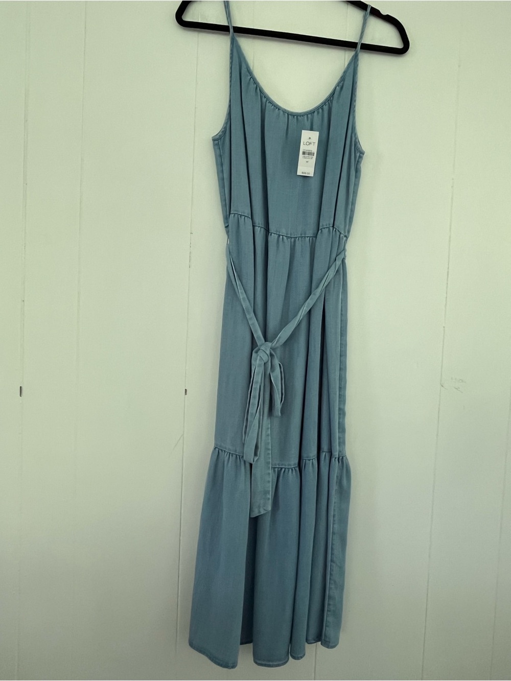 NEW LOFT Linen Lyocell Chambray Tiered Belted Swing Midi Dress Size Medium - Picture 7 of 13